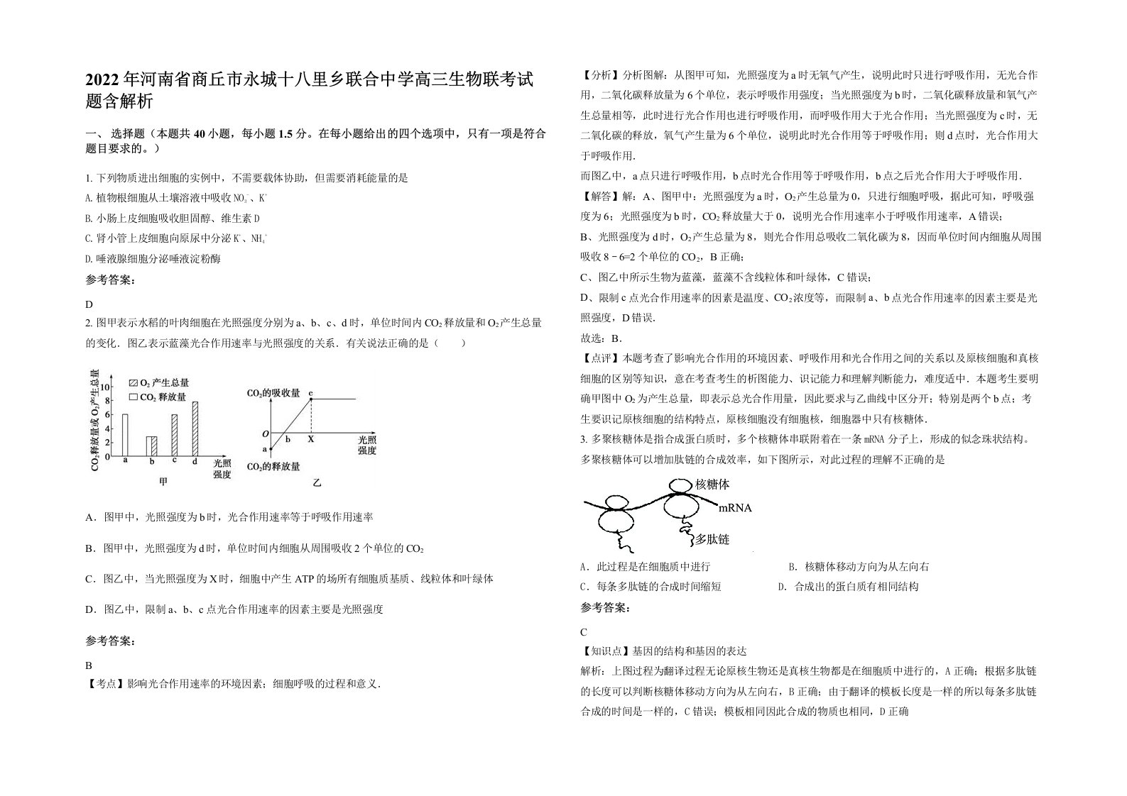 2022年河南省商丘市永城十八里乡联合中学高三生物联考试题含解析