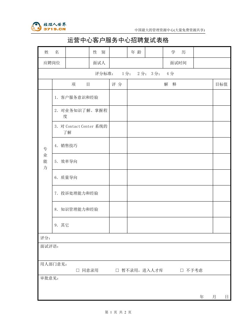 港x旅酒店-运营中心客户服务中心招聘复试表格(doc)-人事制度表格