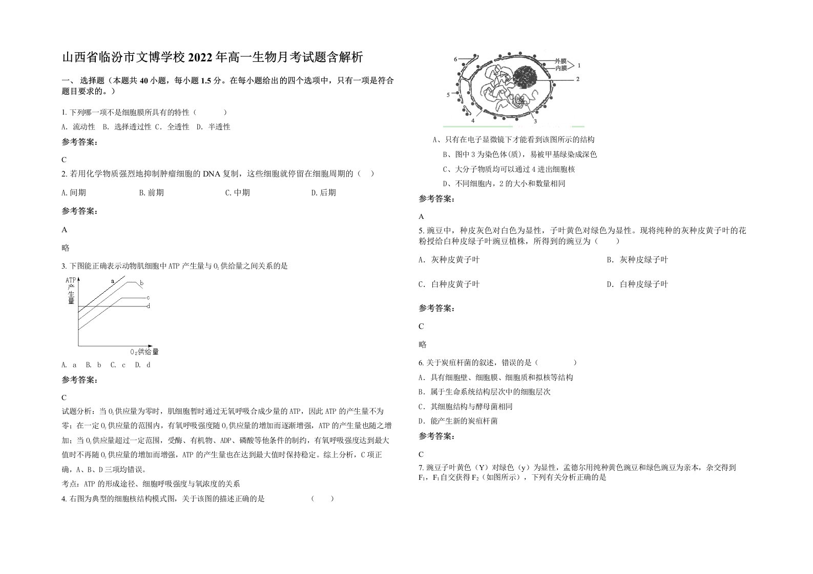 山西省临汾市文博学校2022年高一生物月考试题含解析