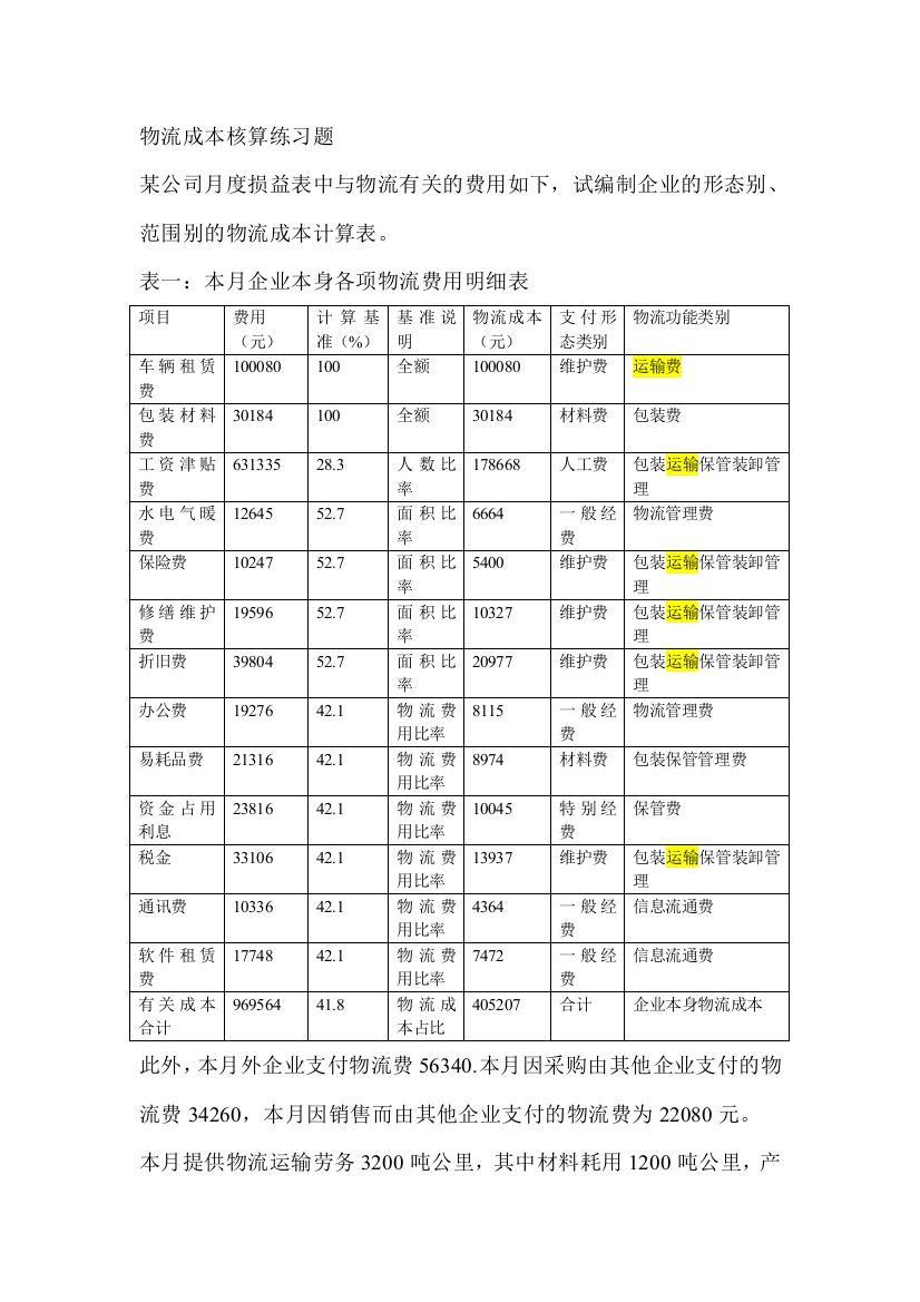 物流成本核算练习题