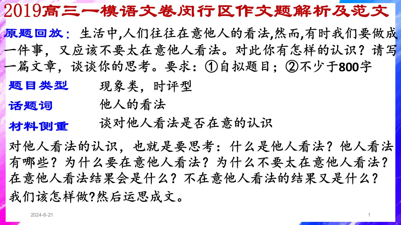 2020高三一模语文卷闵行作文题“在意他人的看法……”解析及范文课件