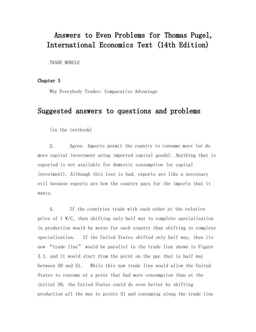 国际贸易英语版Answers+to+Even+Problems+for+Thomas+Pugel,+International+Economics+Text+(14th+Edition)