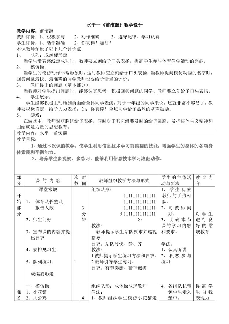 小学体育水平一《前滚翻》教学设计