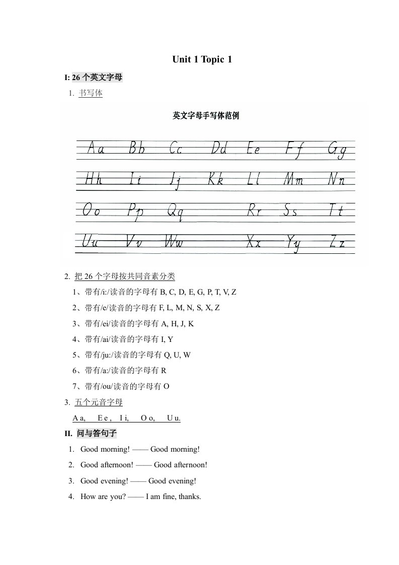 2014版仁爱英语七年级上册Unit1复习学案