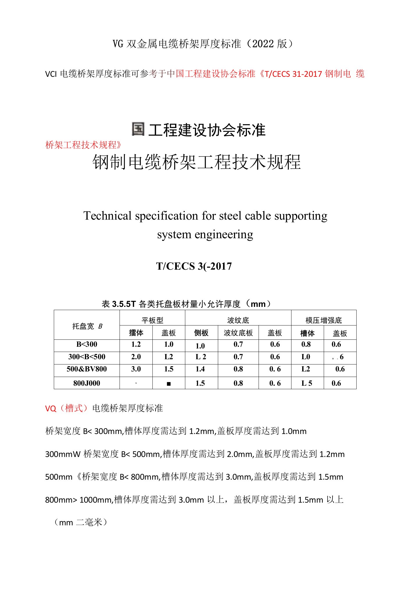 VCI双金属电缆桥架厚度标准（2022版）