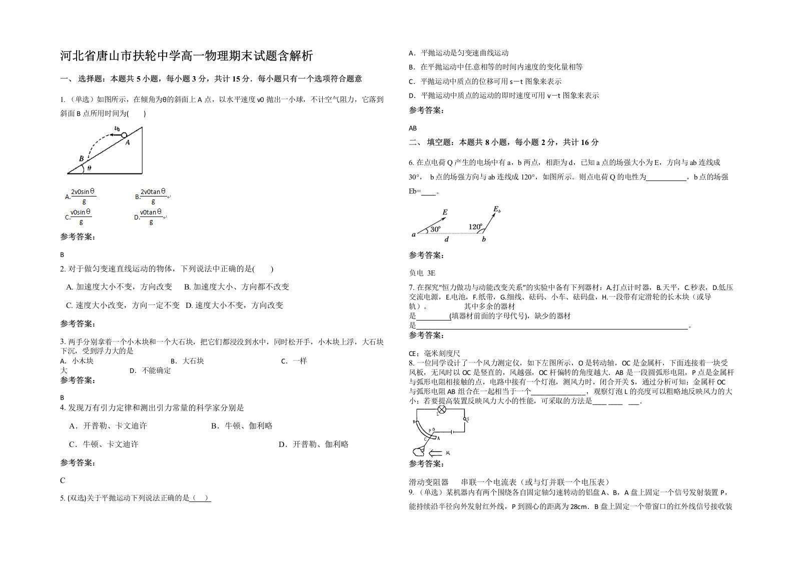 河北省唐山市扶轮中学高一物理期末试题含解析