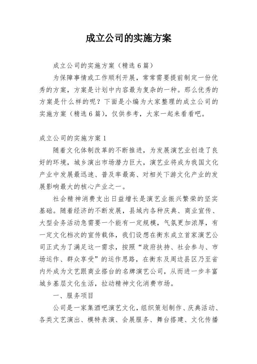 成立公司的实施方案