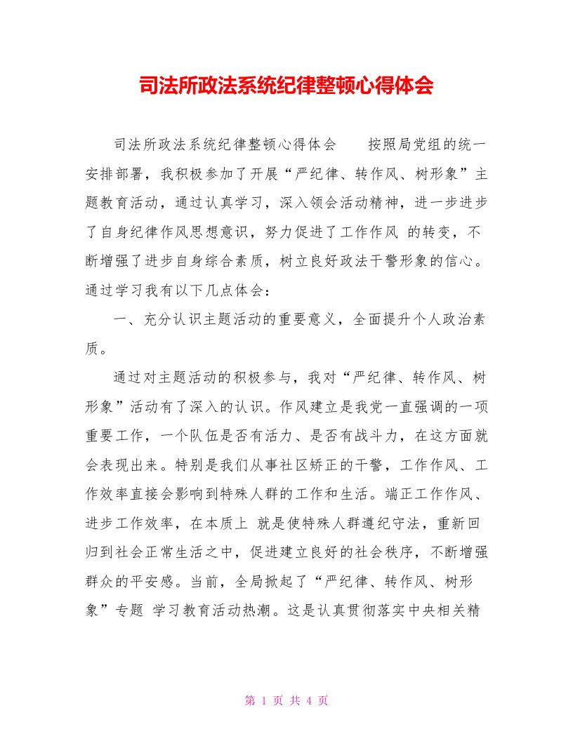 司法所政法系统纪律整顿心得体会