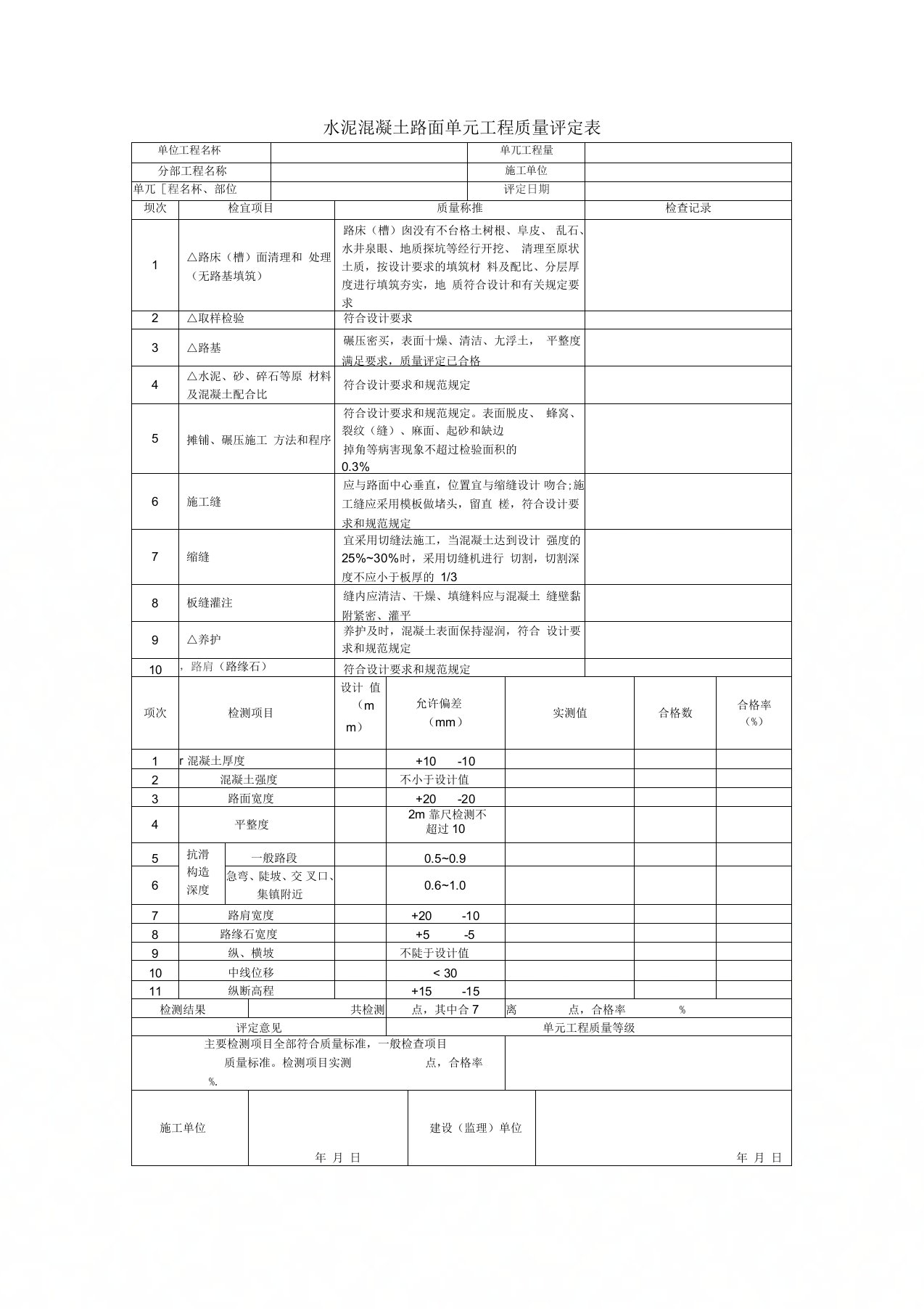 水泥混凝土路面单元工程质量评定表