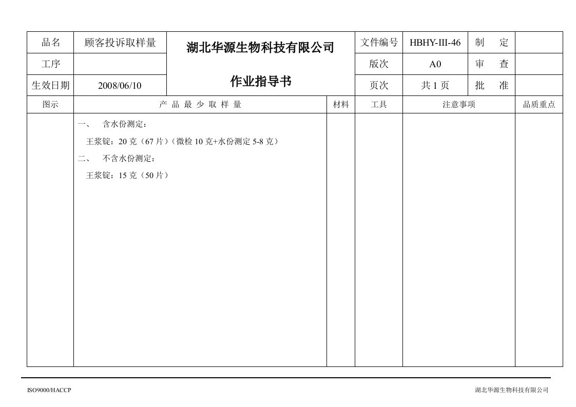 374423--湖北华源生物科技有限公司作业指导书--hbhyys46顾客投诉取样量-生产制度表格