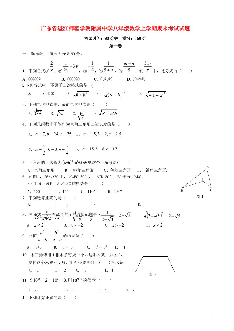 广东省湛江师范学院附属中学八级数学上学期期末考试试题