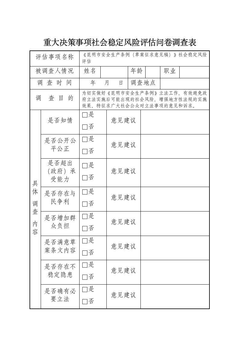 重大决策事项社会稳定风险评估问卷调查表