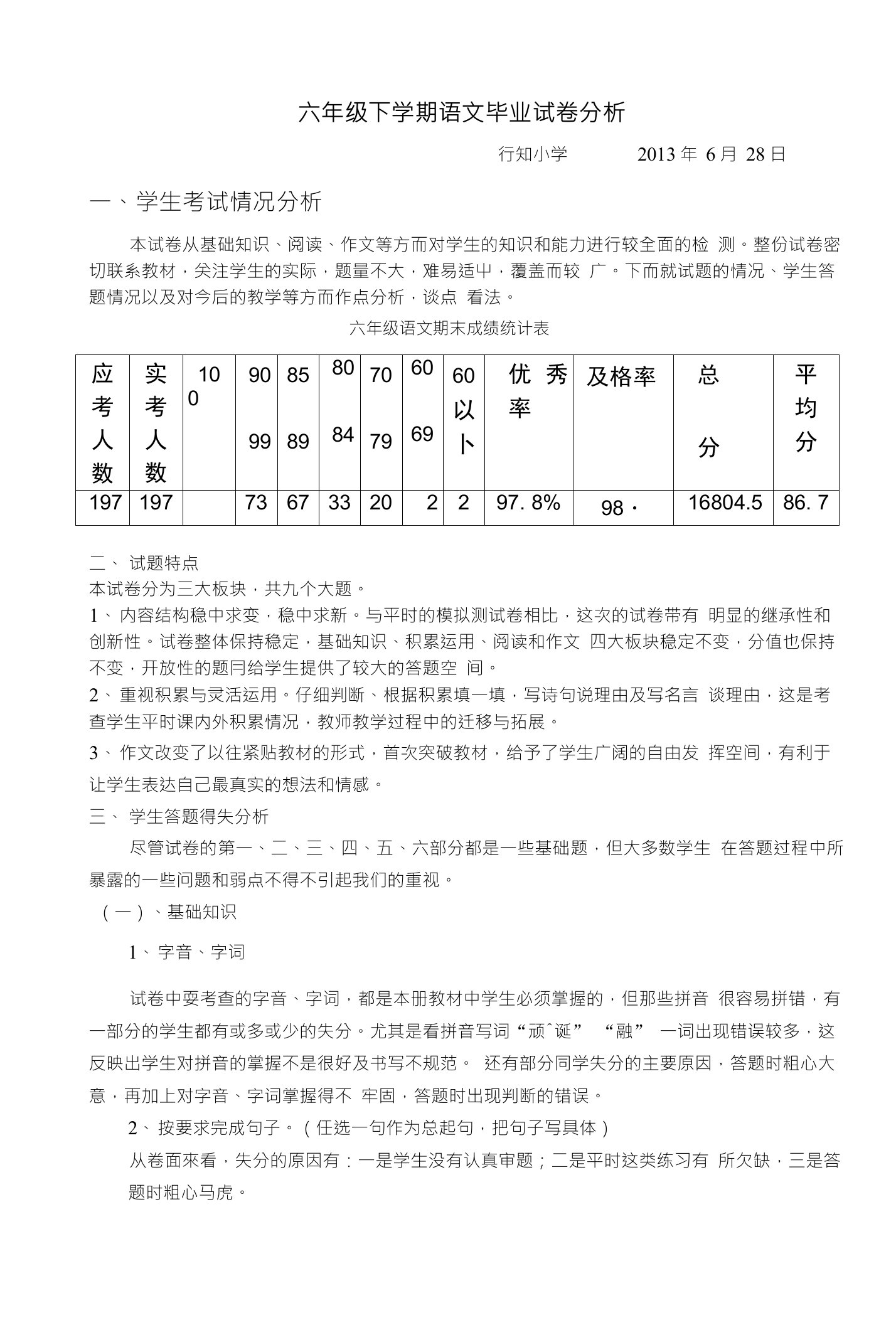 六年级语文毕业试卷分析