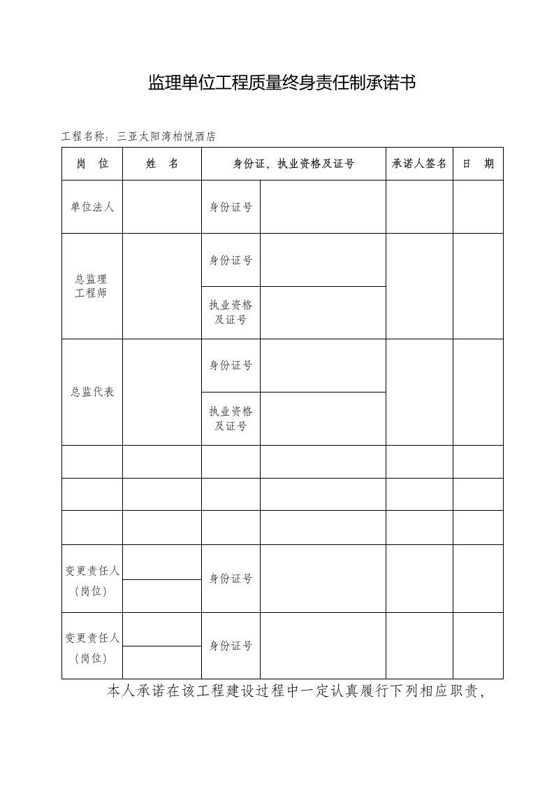 监理单位工程质量终身责任制承诺书