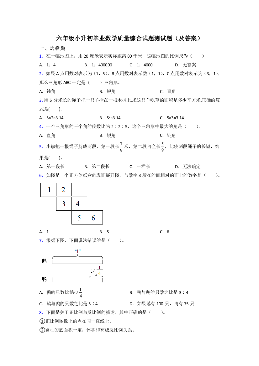 六年级小升初毕业数学质量综合试题测试题(及答案)