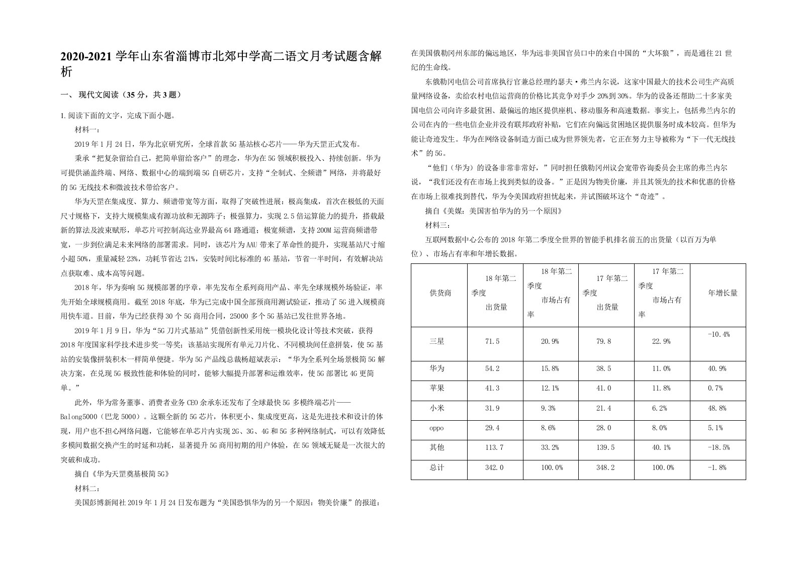 2020-2021学年山东省淄博市北郊中学高二语文月考试题含解析