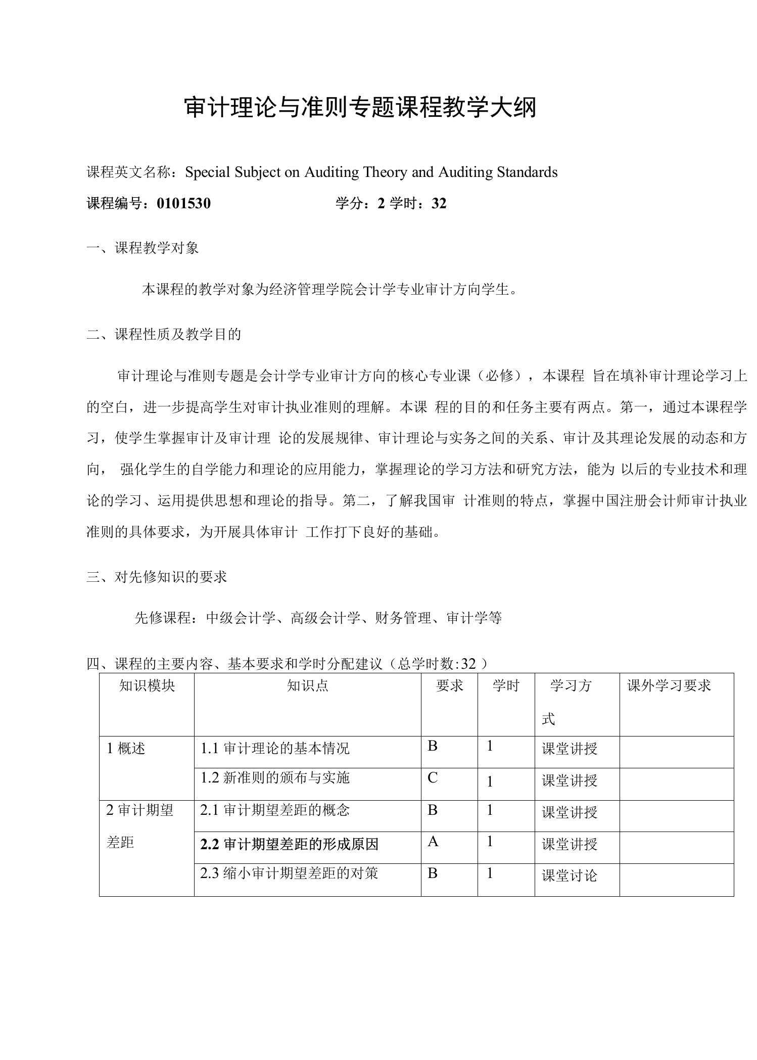 审计理论与准则专题课程教学大纲