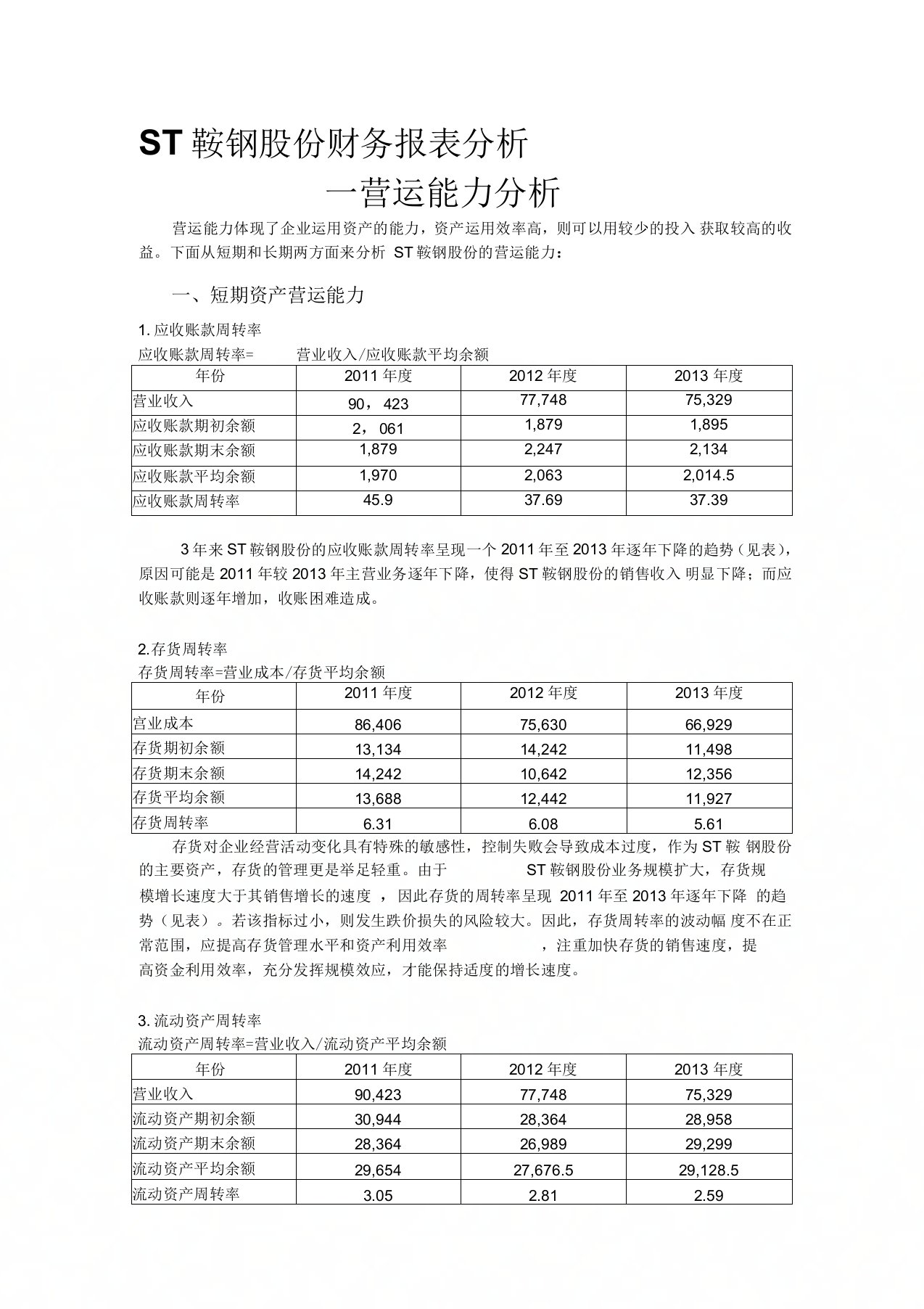 ST鞍钢股份财务报表分析-营运能力分析