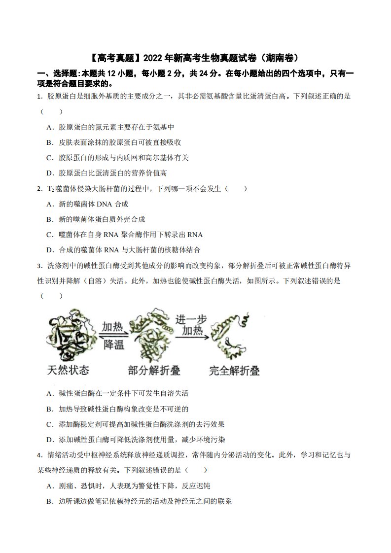 【高考真题】2022年新高考生物真题试卷（湖南卷）附真题答案