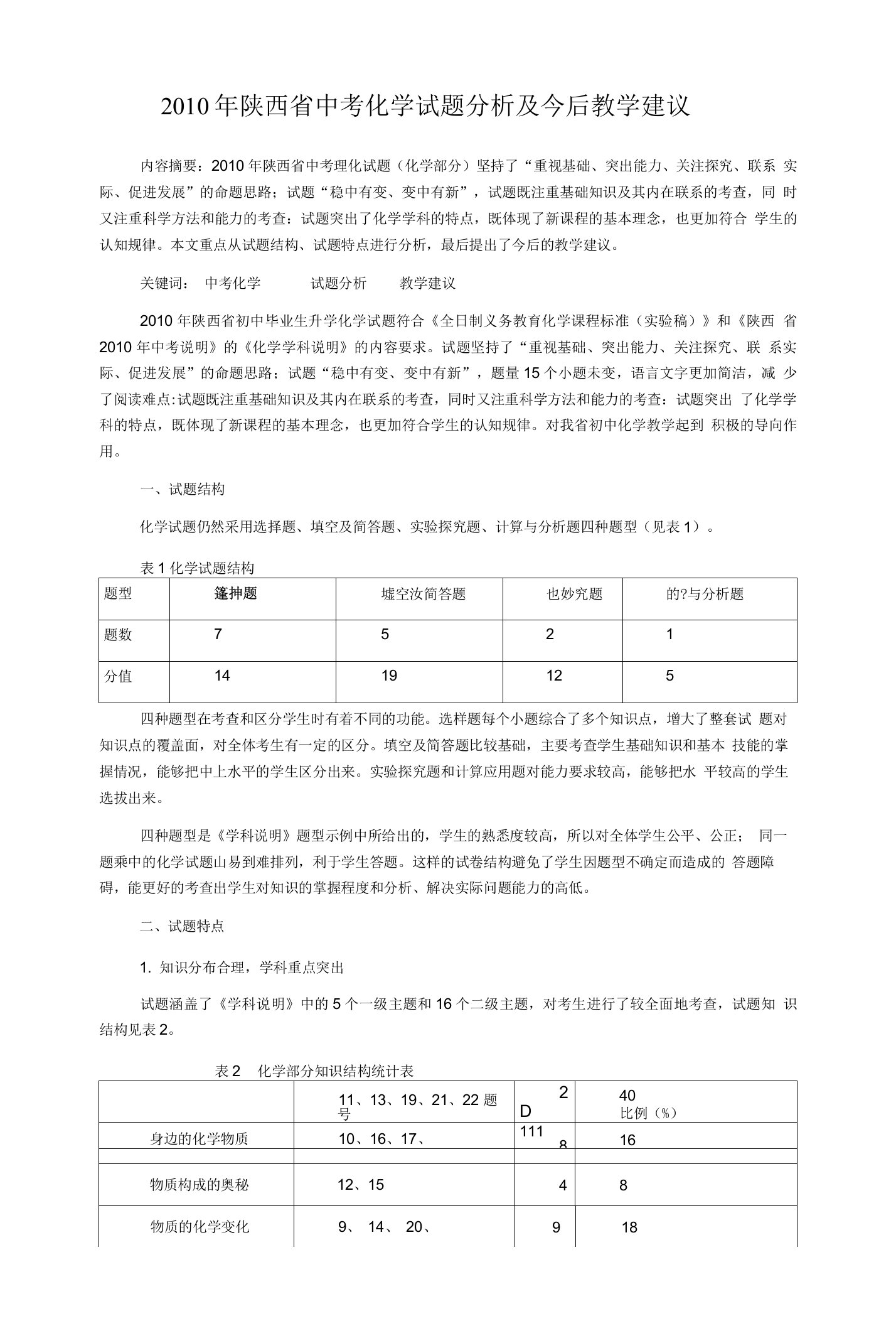 年陕西省中考化学试题分析及今后教学建议