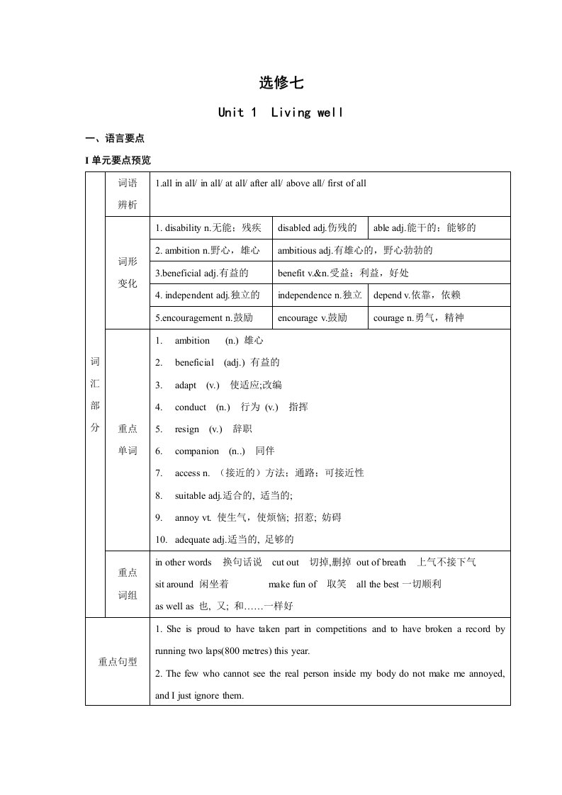 新人教英语选修7-Unit1-Living-well教案