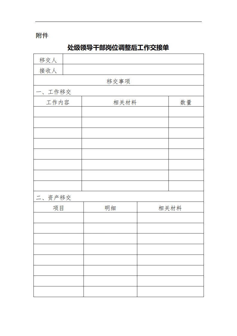 处级领导干部岗位调整后工作交接单