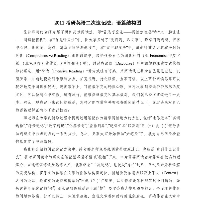 2011考研英语二次速记法语篇结构图