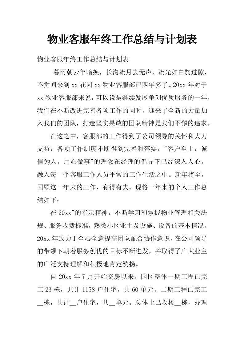 物业客服年终工作总结与计划表