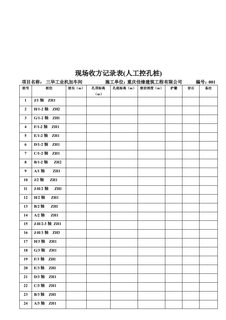 人工控孔桩现场收方记录表汇编