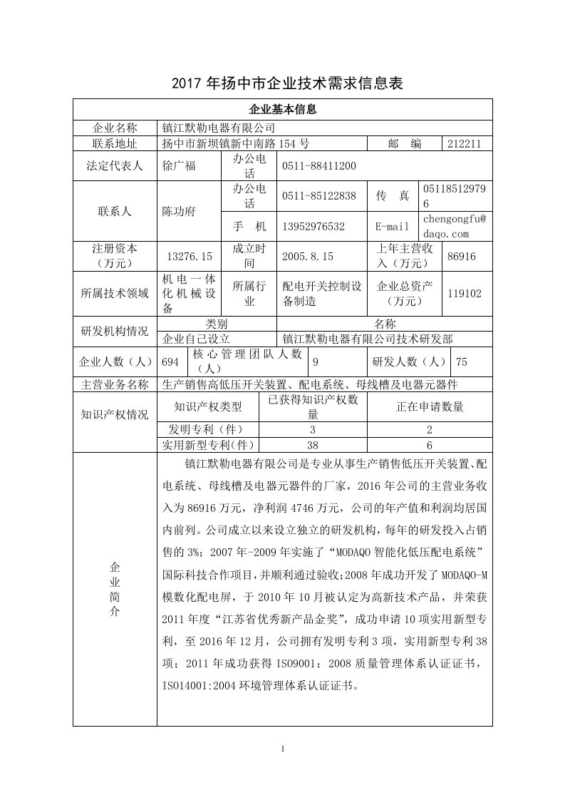 扬中市企业技术需求信息表