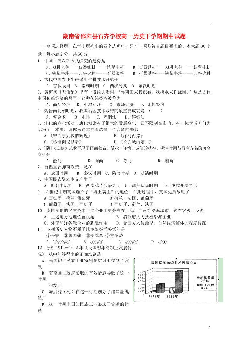 湖南省邵阳县石齐学校高一历史下学期期中试题