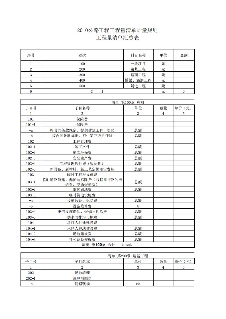 公路工程工程量清单标准模板(100500章)