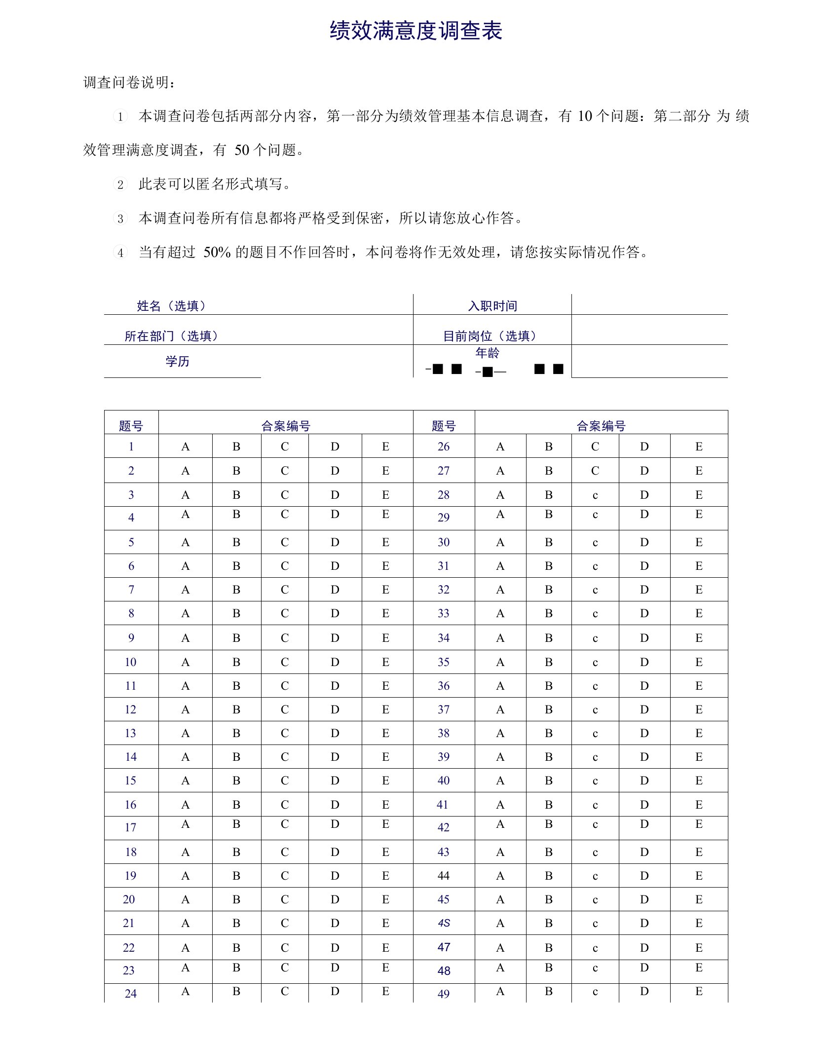 绩效满意度调查表