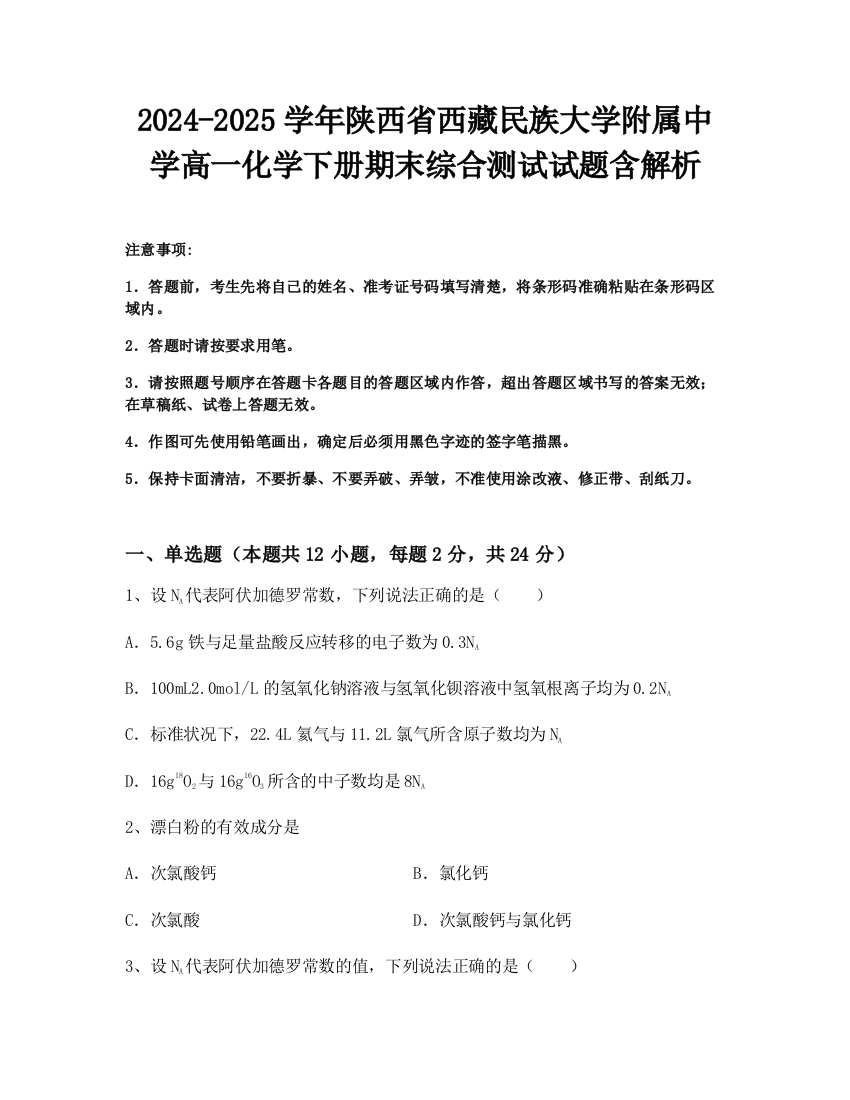 2024-2025学年陕西省西藏民族大学附属中学高一化学下册期末综合测试试题含解析