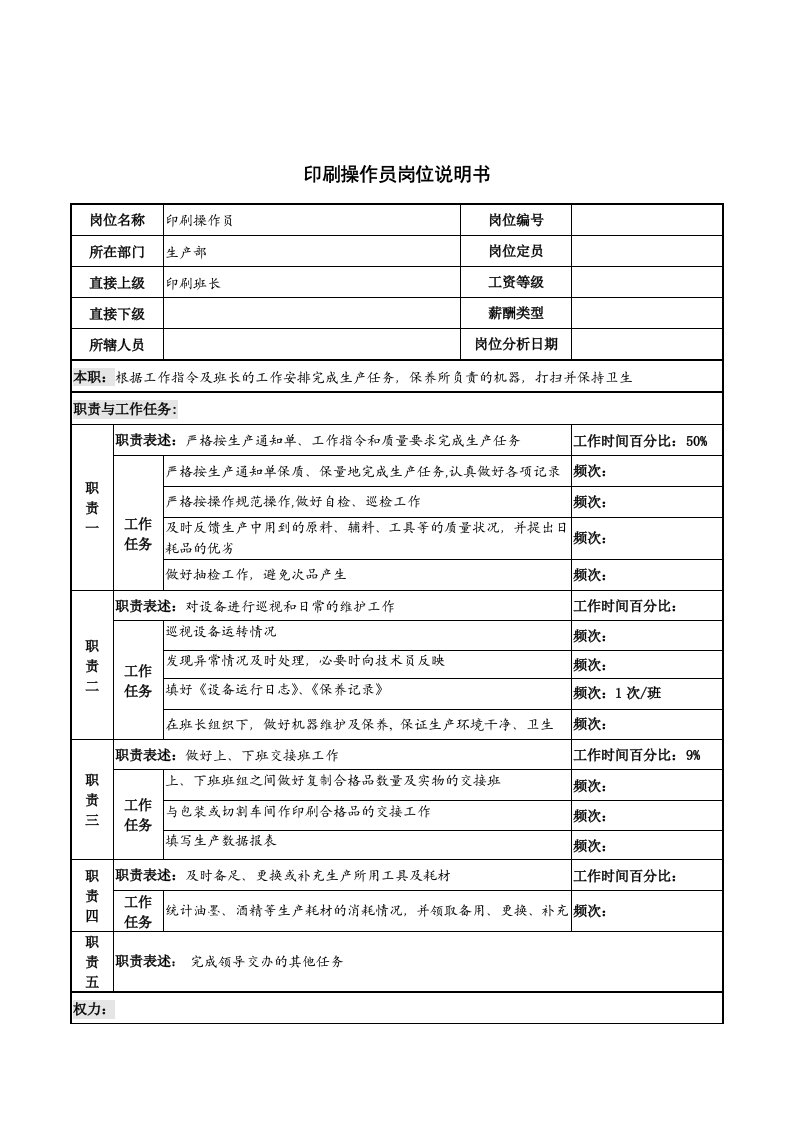 河北纪元光电公司生产部印刷操作员岗位说明书