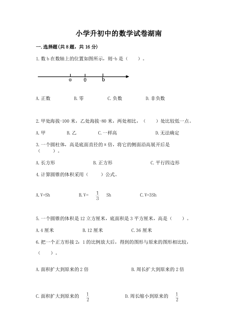 小学升初中的数学试卷湖南及参考答案一套