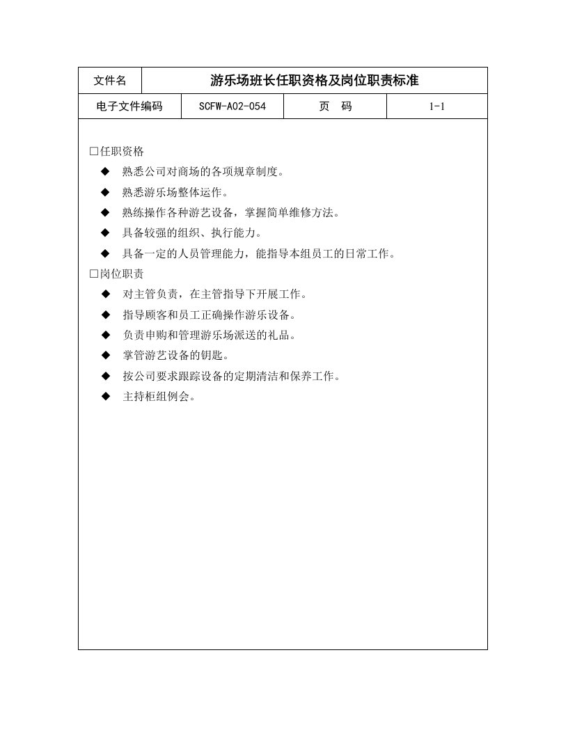 生产管理-54游乐场班长任职资格及岗位职责标准