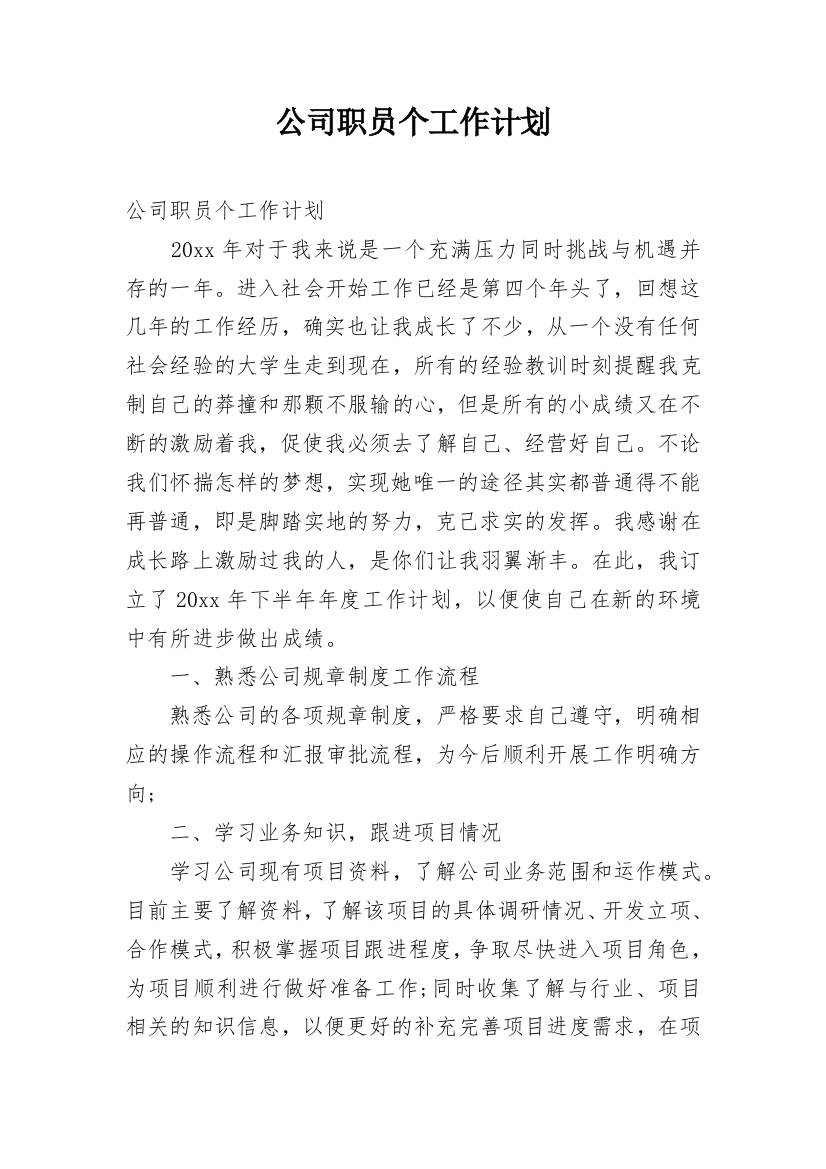 公司职员个工作计划