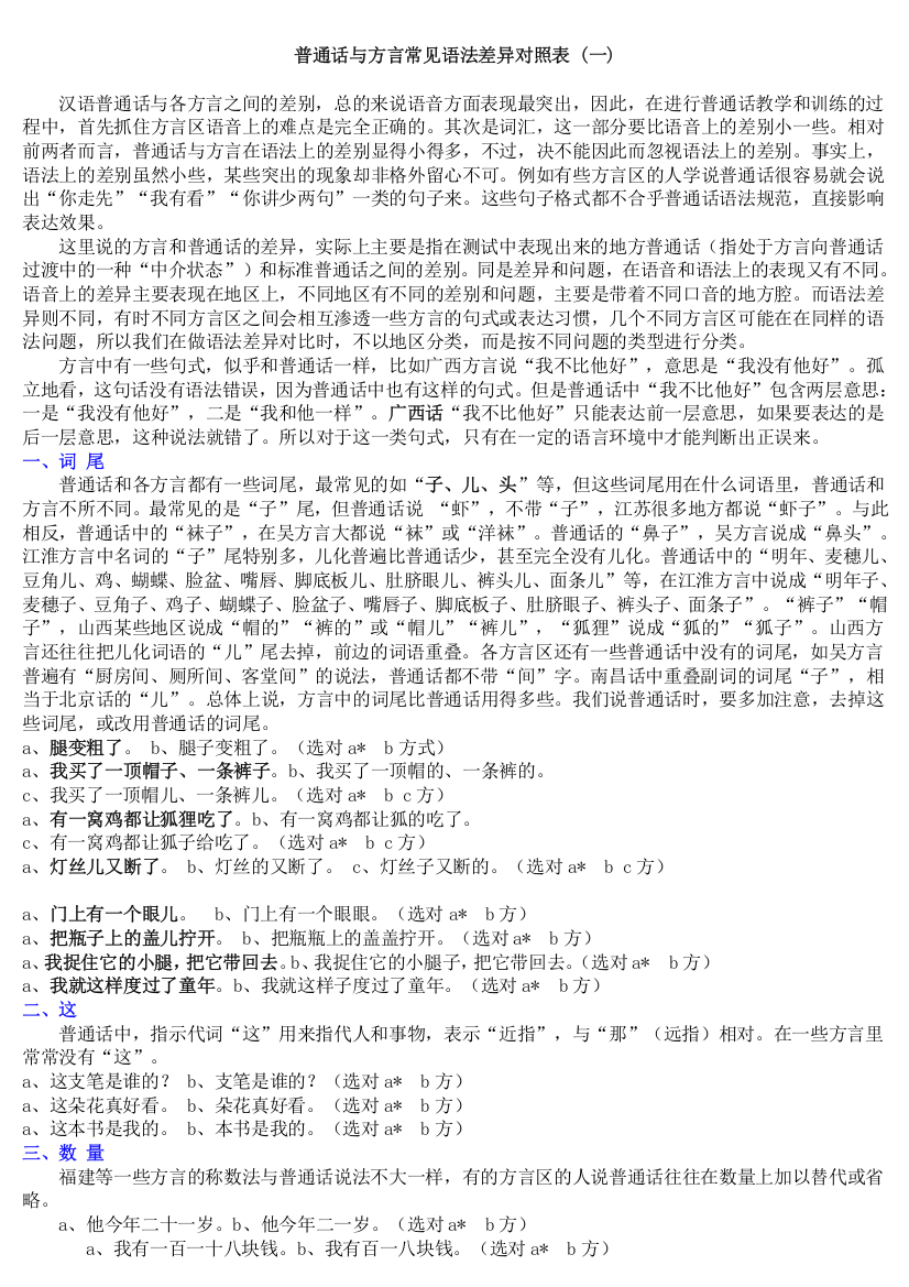 普通话与方言常见语法差异对照表21497