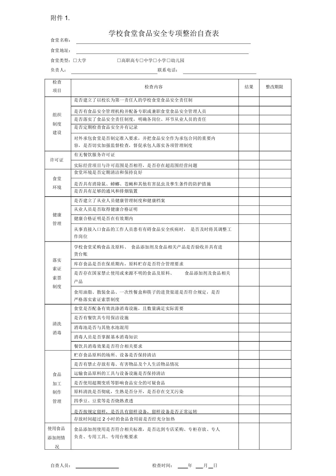 学校食堂专项整治自查表word版本