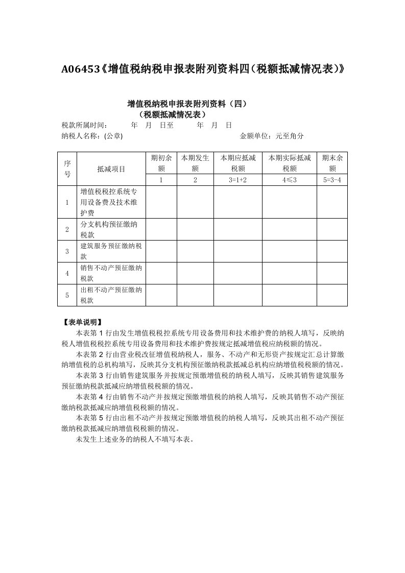 A06453《增值税纳税申报表附列资料四（税额抵减情况表）》