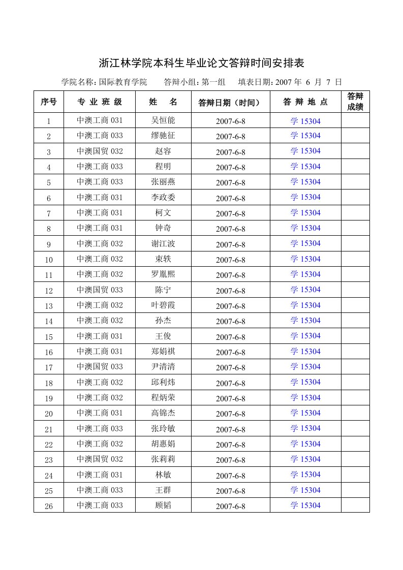 浙江林学院本科生毕业论文答辩时间安排表