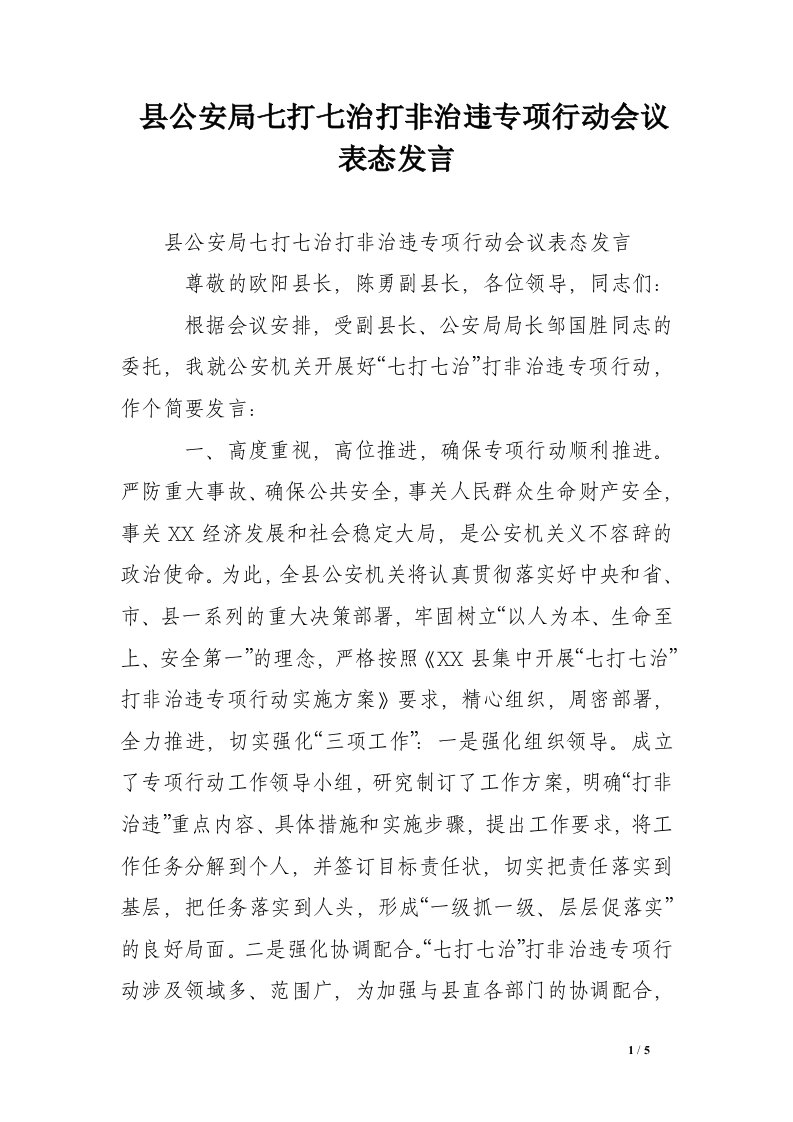 县公安局七打七治打非治违专项行动会议表态发言