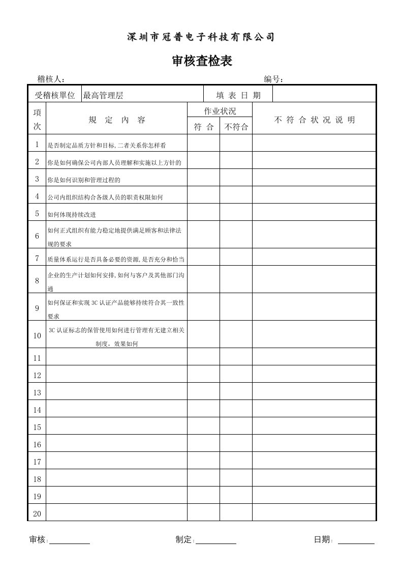 x普电子3C内审文件-审核查检表(8个doc)审核查检表1-质量制度表格