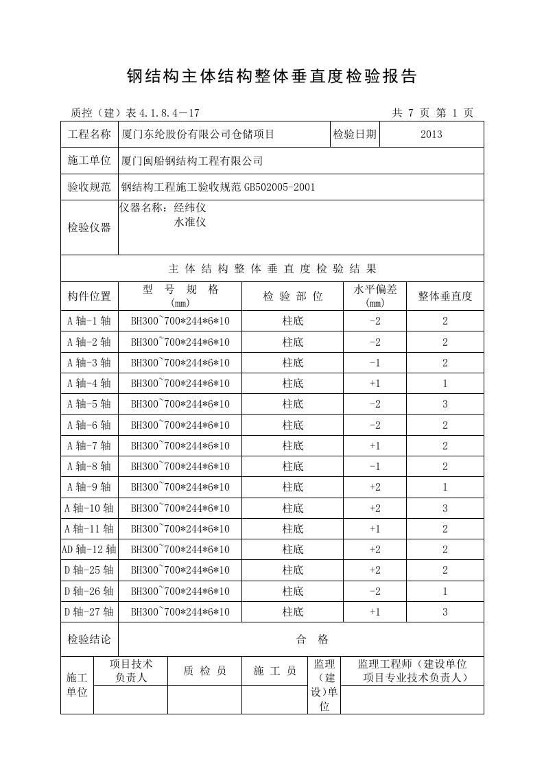 钢结构主体结构整体垂直度检验报告