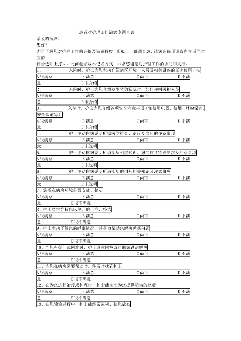 患者对护理工作满意度调查表