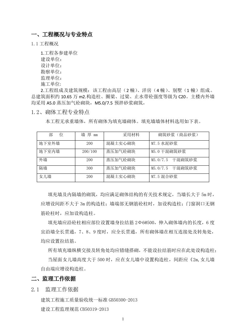 住宅砌体工程监理细则旁站监理方案