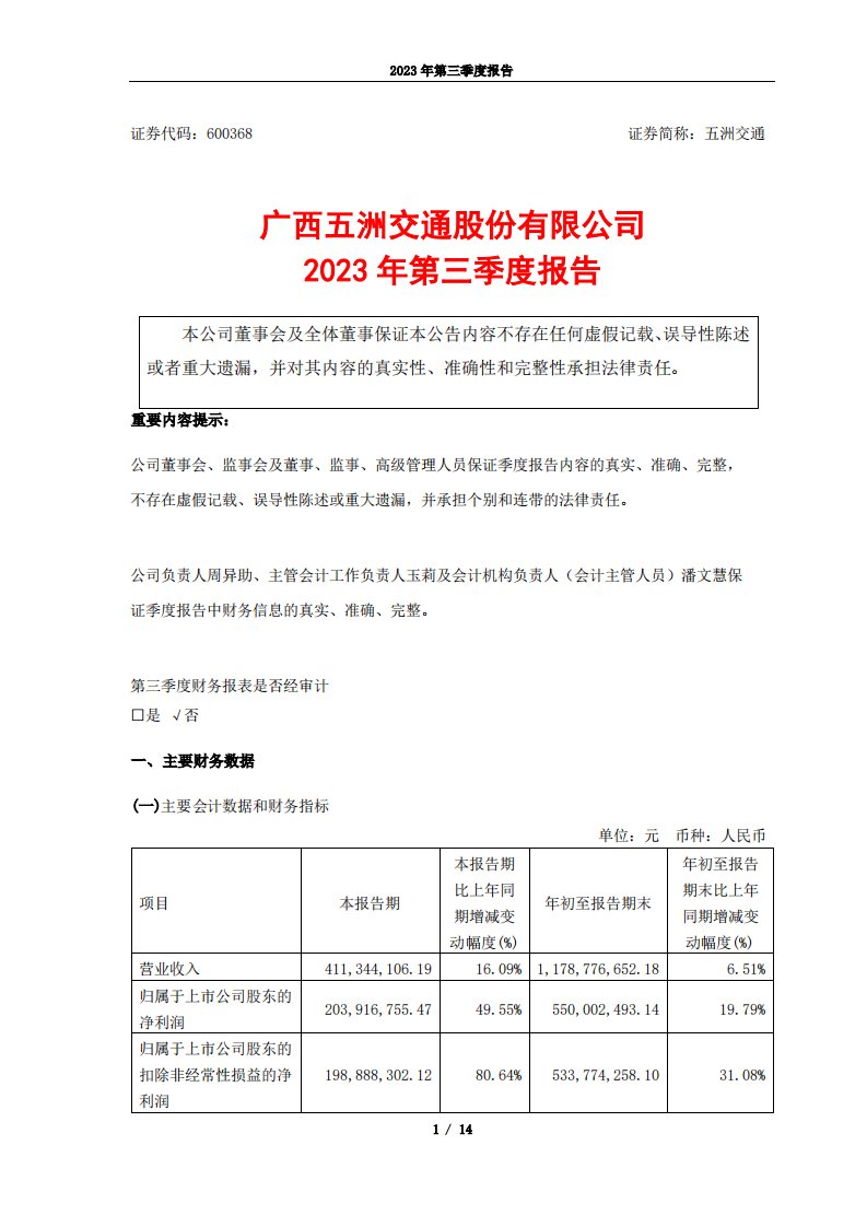 上交所-五洲交通2023年第三季度报告-20231023