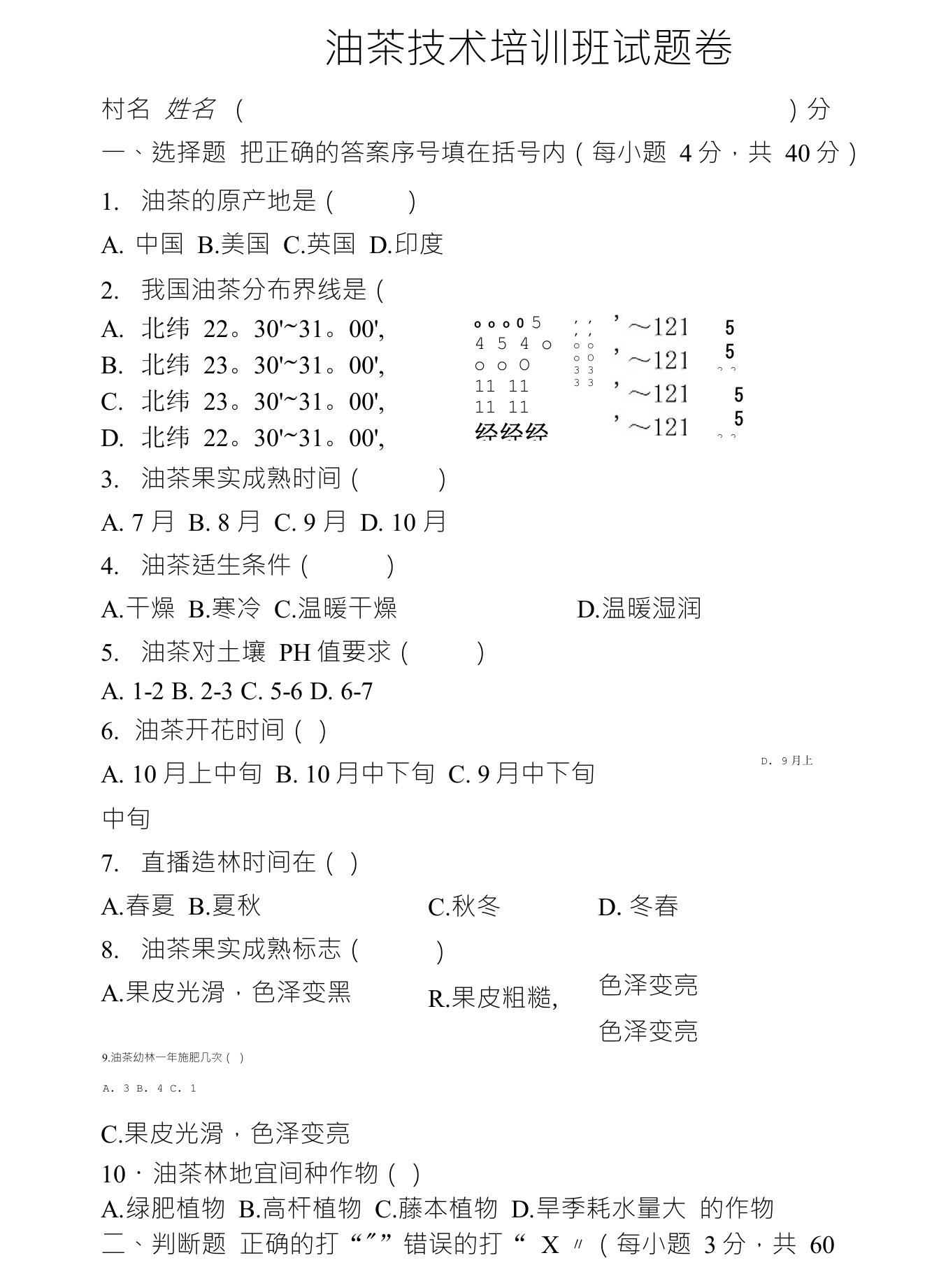 油茶技术培训班试题卷