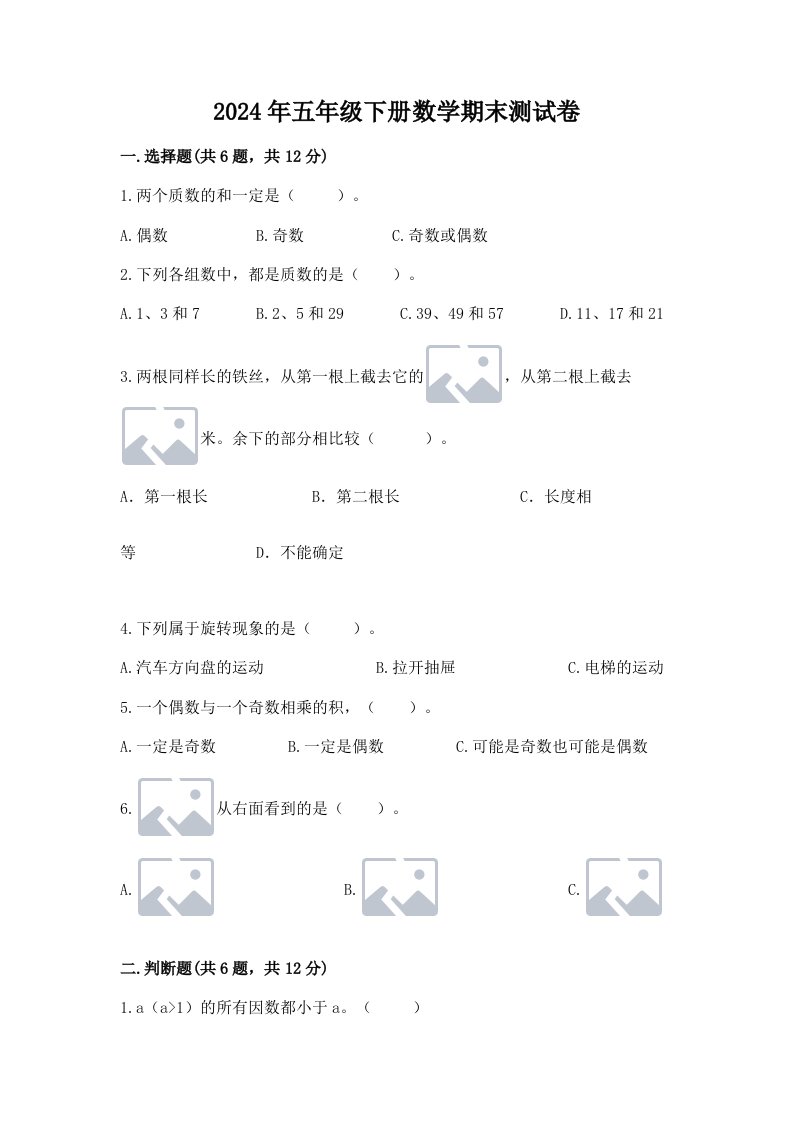 2024年五年级下册数学期末测试卷附完整答案【历年真题】